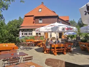 Cozy beer garden with wooden tables and parasols